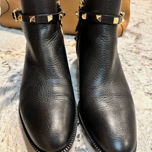 Valentino Black Garavani Leather Rockstud Ankle Booties with Gold Pyramid Studs